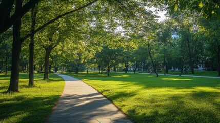 Obraz premium Green Urban Park with Walking Paths and Benches in a Residential Area