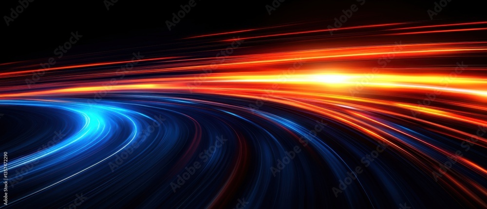 Poster dynamic abstract light trails in motion conveying speed and energy with vibrant colors on dark backg