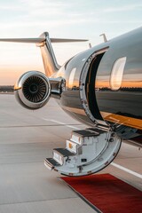Luxury private jet with open door and steps leading to the interior