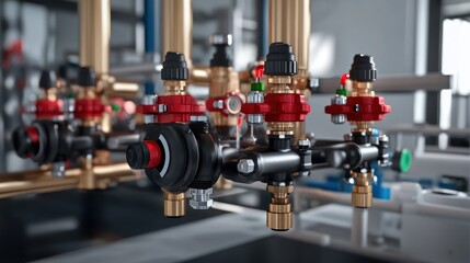 Naklejka premium Industrial pipes and valves in a factory control system