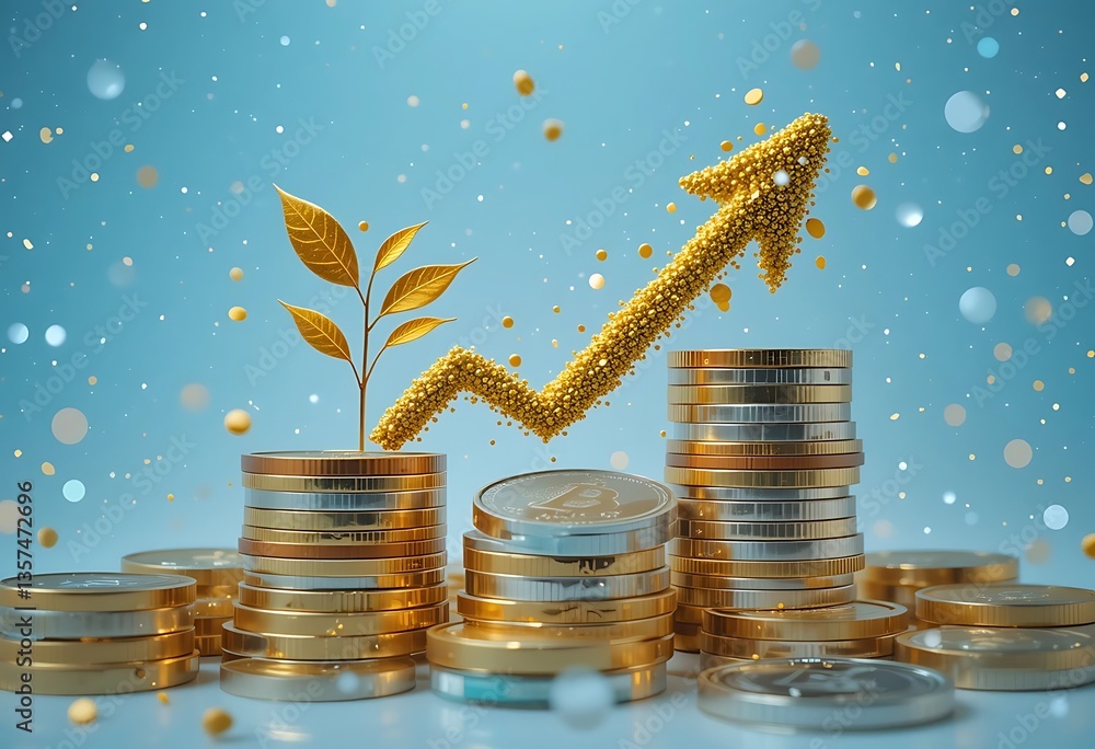 Poster golden arrow pointing up over stacks of coins with a plant on a blue bokeh background image