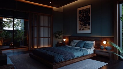 Serene bedroom interior with wooden accents, comfortable bed, and soft lighting design