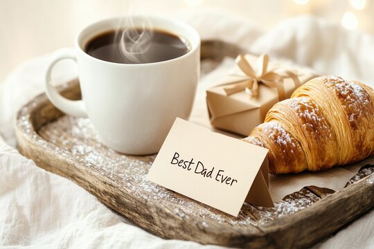 Breakfast tray with cup of coffee, croissant, gift, card saying Best Dad Ever