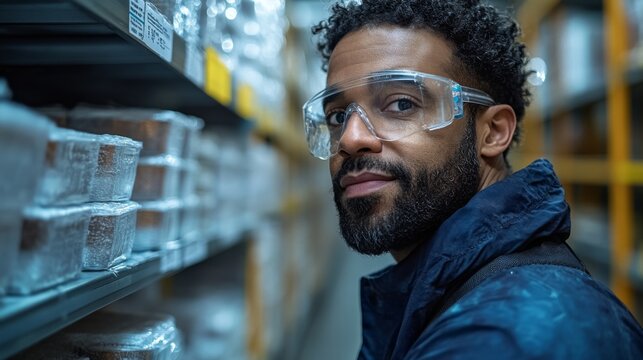 A logistics worker wearing safety goggles is carefully inspecting and organizing inventory on the shelves in a bustling distribution warehouse environment while sunlight streams in.