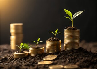 Young plants sprout from stacks of gold coins representing growth, prosperity, and the flourishing of investments in rich earth. Warm, golden lighting highlights the scene.
