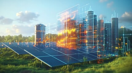 Futuristic Solar Energy Landscape with Digital Skyscrapers, A futuristic landscape featuring solar panels in the foreground and digital skyscrapers in the background