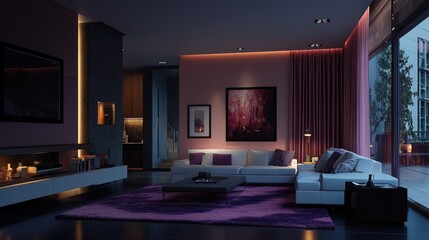Elegant living room interior design with purple rug, modern furniture and soft lighting