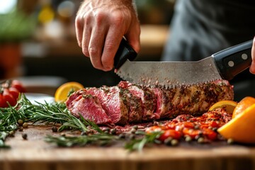 Chef slicing succulent roast beef on wooden board with rosemary orange and tomato in rustic kitchen setting culinary perfection