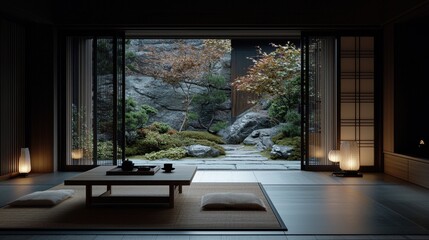 Fototapeta premium Serene Japanese interior with garden view and tatami mats for relaxation and meditation