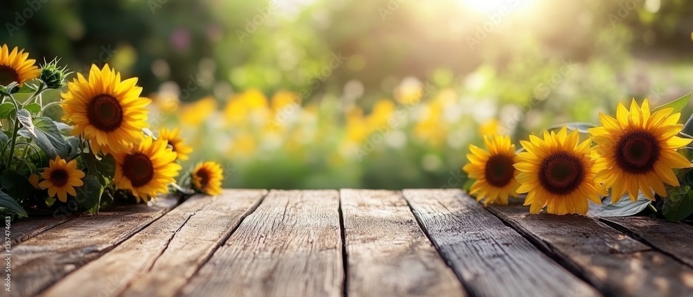 Poster rustic wooden table with vibrant sunflowers in a sunny garden setting capturing the warmth of summer