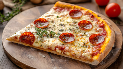 Pepperoni Pizza Slice on Wood: A mouthwatering slice of pepperoni pizza, brimming with melted cheese, savory pepperoni, and herbs, presented on a rustic wooden board.