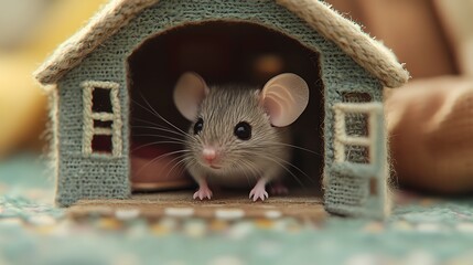 Tiny Mouse Standing Near a Beautifully Designed Miniature House with Elegant Architectural Details Inside
