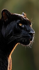 Black panther's golden eyes, detailed fur, side view against blurred backdrop