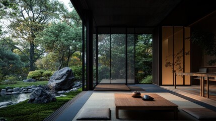 Serene Japanese garden view from traditional tatami room with tea set and zen atmosphere
