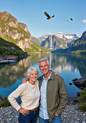 Smiling senior couple embracing in stunning mountain landscape - World Tourism Day. Travel  