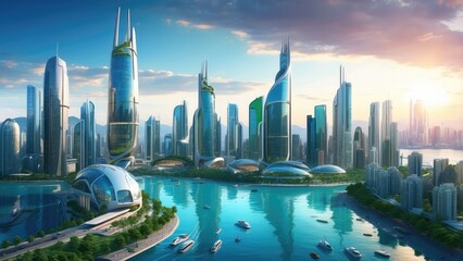 Obraz premium Futuristic cityscape at sunset featuring modern