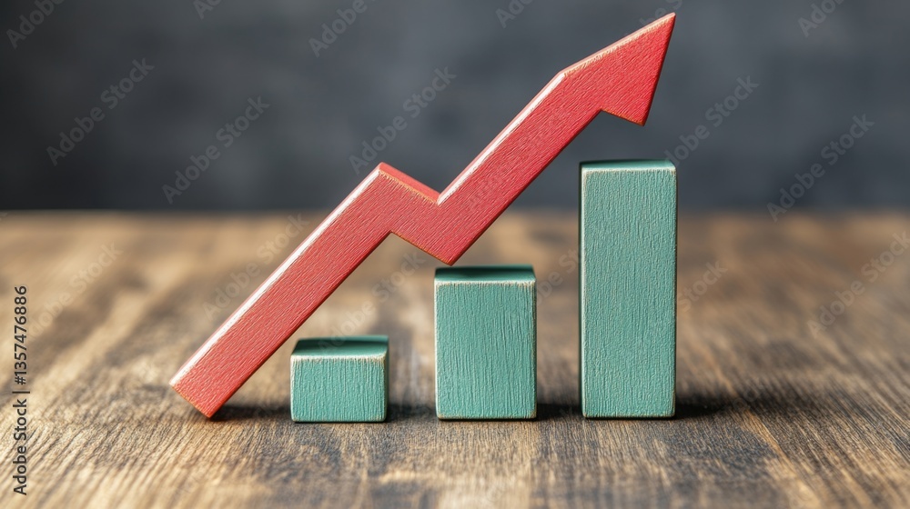 Poster a d financial bar graph with rising and falling bars in red and green, sharp shadows, and a professi