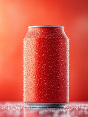 Refreshing red soda can with condensation drops against a vibrant background studio shot close up beverage