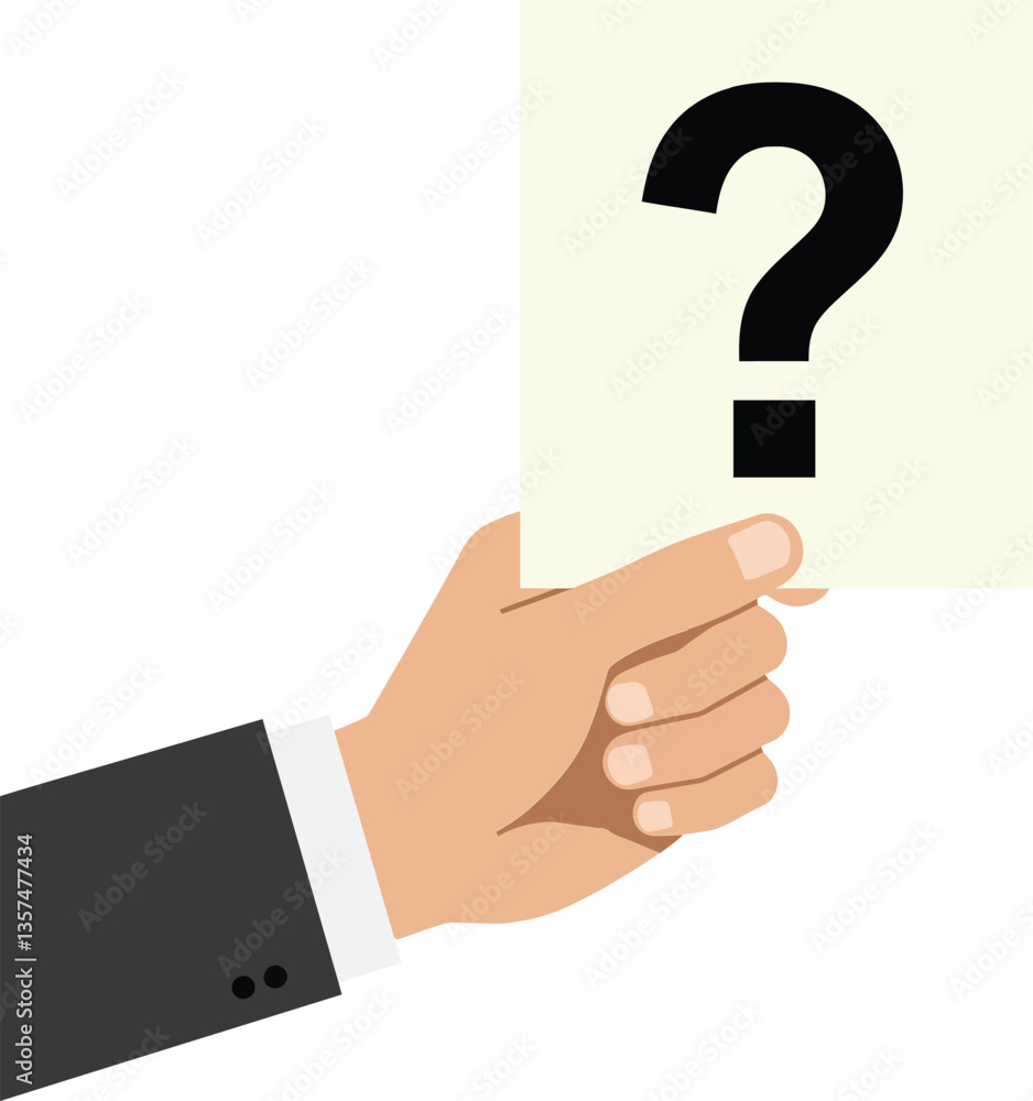 Poster a hand presenting a question mark card in a minimal style showcasing curiosity and inquiry in vector