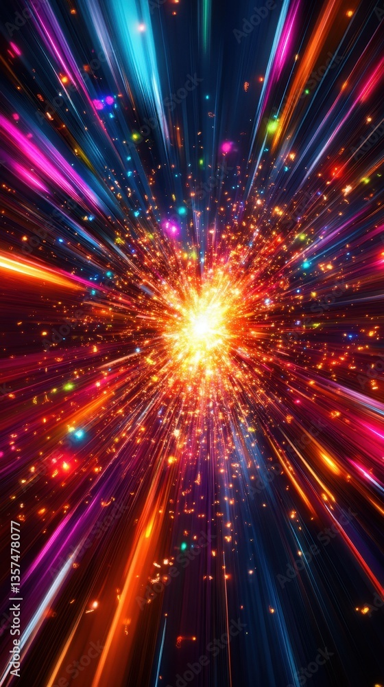 Poster radiant explosion of vibrant light streaks and sparkling particles against a dark backdrop creating 