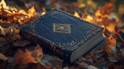 Beautiful Leather-Bound Book Surrounded by Autumn Leaves in a Rustic Setting