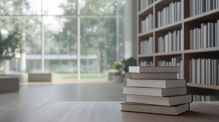 Neatly Stacked Hardcover Books on a Wooden Desk in a Modern Library Setting