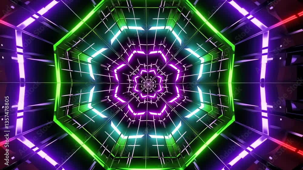 Poster abstract tunnel with with geometric light patterns. symmetrical neon corridor with luminous lines