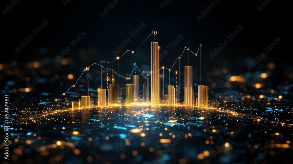 Poster metallic d bar chart emerging from a digital grid with glowing axis lines and data labels