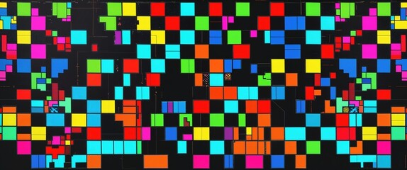 Fototapeta premium A dynamic display of colorful geometric shapes fills the space, featuring a mix of squares in various bold hues. The arrangement forms an engaging backdrop, ideal for artistic inspiration