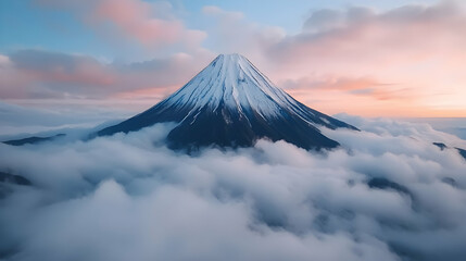 Majestic Snow Capped Volcano Above a Sea of Clouds at Sunset
