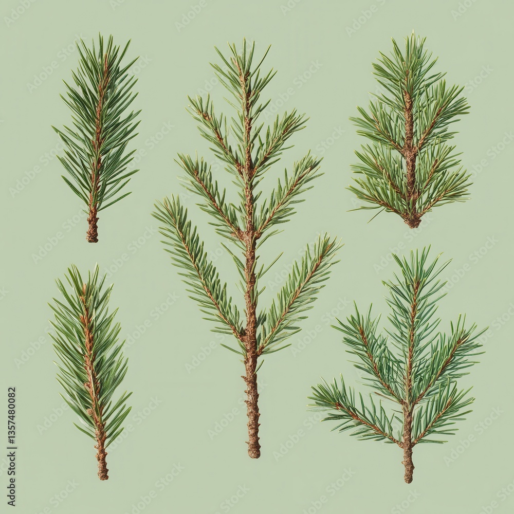 Aufkleber botanical illustration of pine tree branches on a soft green background creating a serene and natura