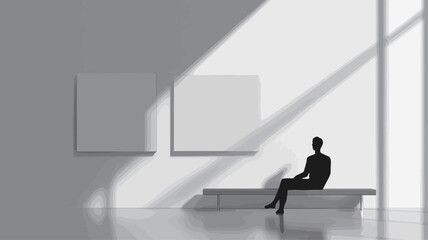 The image is a monochrome digital rendering of a minimalist gallery interior.  The scene is dominated by a white wall with two large, blank square canvases hanging. A simple, low, white bench is
