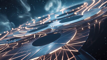 Complex geometric forms are intertwined with radiant lines, creating an abstract visual in a cosmic space filled with stars. The scene evokes a sense of futuristic design and creativity