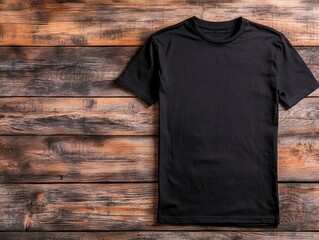 A black t-shirt on a wooden surface