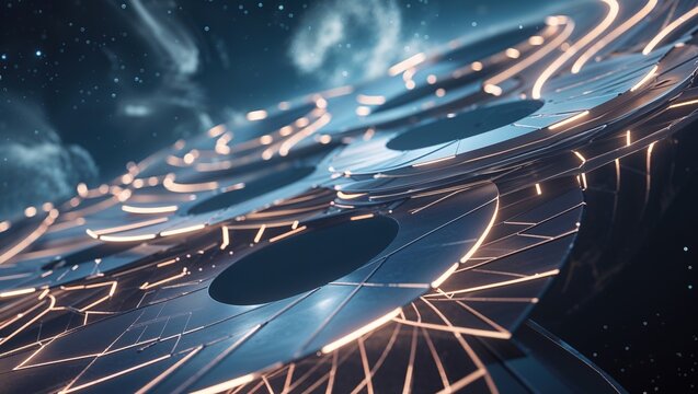 Complex geometric forms are intertwined with radiant lines, creating an abstract visual in a cosmic space filled with stars. The scene evokes a sense of futuristic design and creativity
