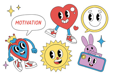 51 Colorful cartoon stickers, cute character designs, playful typography, red heart mascot, blue ghost, yellow smiley face, peace sign hand, crown icon, purple bunny, motivation phrases, retro style g