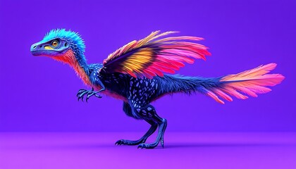 An archaeopteryx with vivid feathers shown on a solid pastel purple background, glowing softly