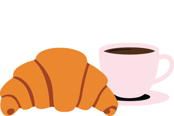 A delicious croissant beside a steaming cup of coffee in a flat, minimal design style showcasing a cozy breakfast setting in vector art