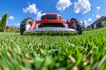 A close-up view of a red lawn mower cutting lush green grass under a blue sky