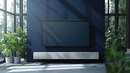 Fototapeta premium A stylish living room with a large flat-screen television on a deep navy wall