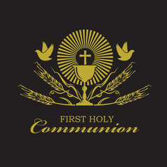 golden holy communion icon with chalice and wheat isolated on black background