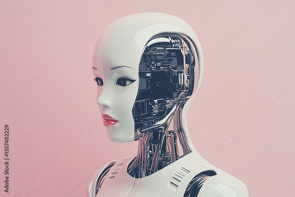 Poster robotic beauty: a close-up perspective of a humanoid robot with intricate mechanical components and 