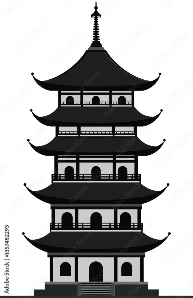 Poster traditional chinese pagoda in a flat design style showcasing intricate details and elegant curves, r