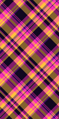 Vibrant diagonal plaid pattern in pink, gold, and purple.  Perfect for textile design, fashion, website backgrounds, or any project needing a bold, energetic aesthetic.