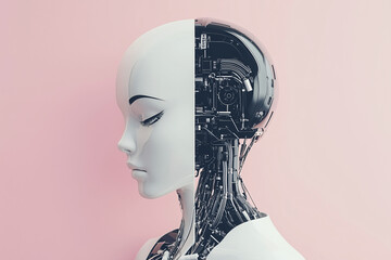 Robot Human Hybrid: The image captures a conceptual fusion of human and machine, an eye-level close-up that highlights the intricate design of an artificial intelligence, creating a compelling look.