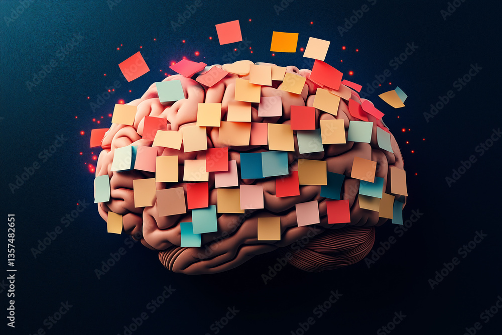 Poster ideas overload: a conceptual representation of a human brain, swamped with a colorful array of stick