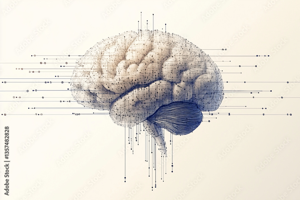Poster brain's digital pathways: a striking visual representation of the human brain, intertwined with digi