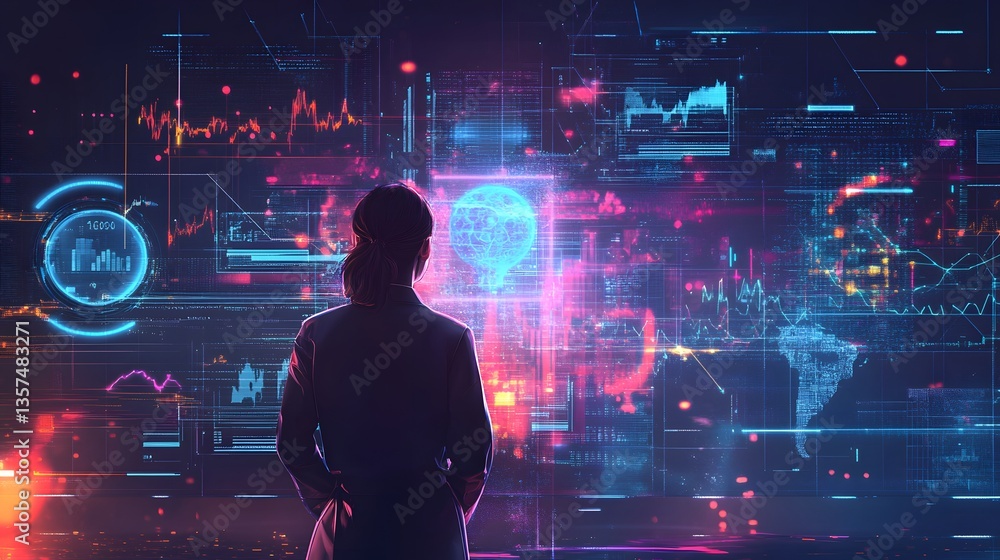 Aufkleber a person observing data analysis. the scene is set within a futuristic, technological interface