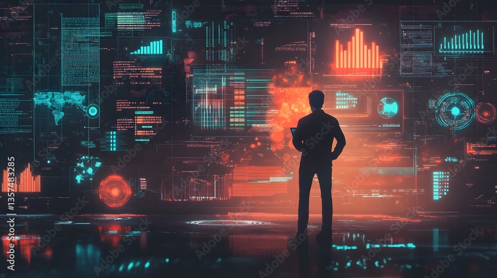 Poster a silhouette of a man facing toward a high-tech display, contemplating a network of data and informa