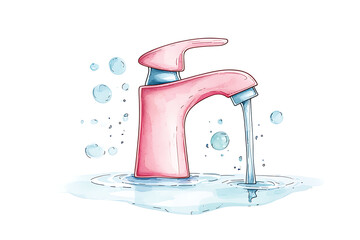 Pink Faucet with Water Flow, and Illustration.